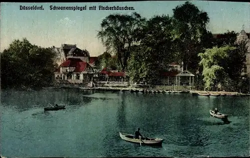 Ak Düsseldorf am Rhein, Schwanenspiegel mit Fischerhäuschen, Ruderboote
