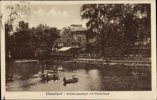 Ak Düsseldorf am Rhein, Schwanenspiegel mit Fischerhaus