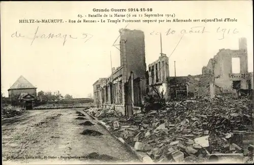 Ak Heiltz-Le-Maurupt Marne, Rue des Rennes, Le Temple Protestant, Ruinen