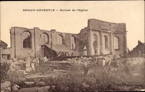 Ak Sailly Laurette Somme, Ruines de l'Eglise, zerstörte Kirche