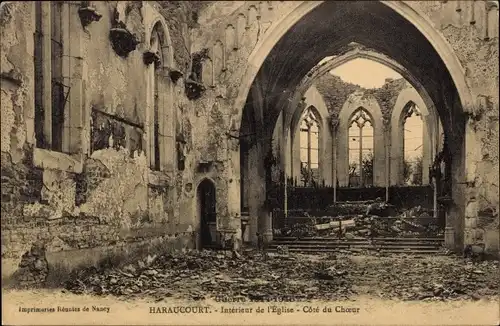 Ak Haraucourt Meurthe et Moselle, Interieur de l'Eglise, Cote du Choeur, zerstörte Kirche Chorraum