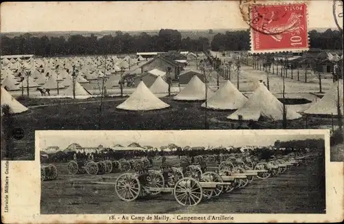Ak Mailly le Camp Aube, Camp de Mailly, Campement d'Artillerie, Zelte, Artilleriegeschütze