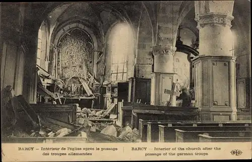 Ak Barcy Seine et Marne, Interieur de l'eglise apres le passage des troupes allemandes