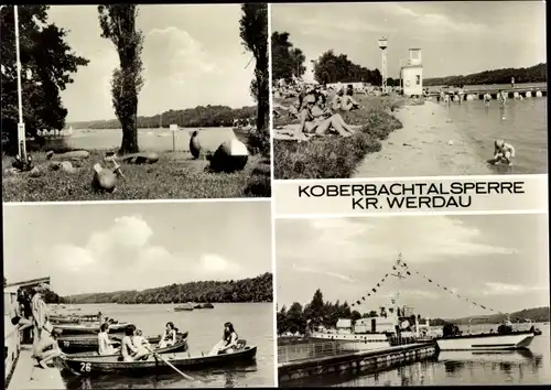 Ak Langenhessen Werdau an der Pleiße in Sachsen, Koberbachtalsperre, Minensuchboot, Ruderboote