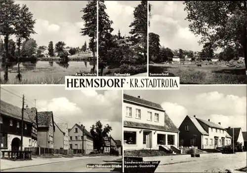 Ak Hermsdorf in Thüringen, Am Dorfteich, Teilansicht, Sommerbad, Ernst-Thälmann-Straße, Konsum