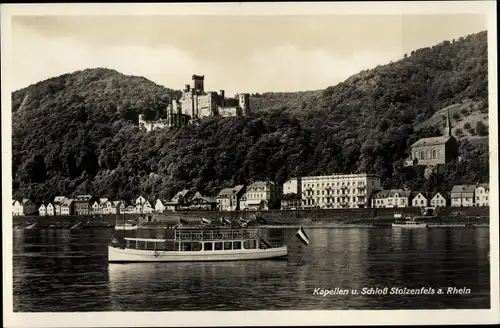 Ak  Kapellen Stolzenfels Koblenz, Blick zum Schloss, Stadt, Salondampfer