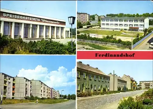Ak Ferdinandshof in Vorpommern, Gasthaus Wiesenperle, Kindergarten Freundschaft, Straße d. Friedens
