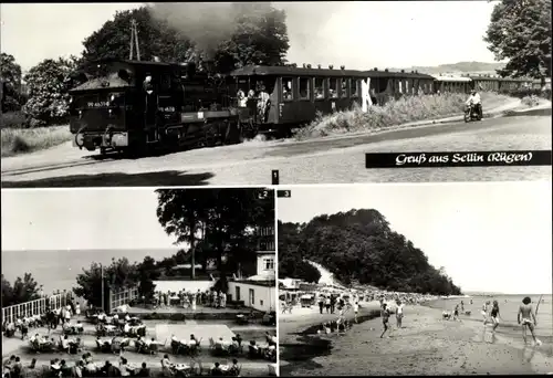 Ak Ostseebad Sellin auf Rügen, Kleinbahn, Freilichtbühne, Fischerstrand