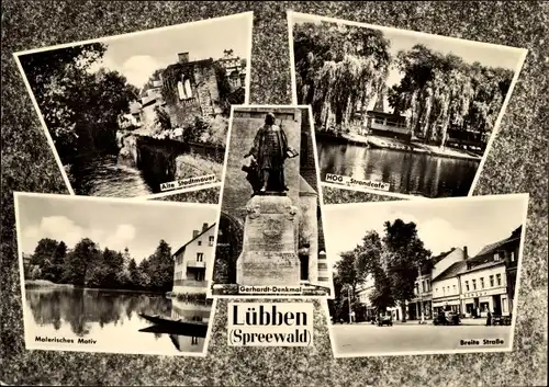 Ak Lübben im Spreewald, alte Stadtmauer, Gerhardt Denkmal, HOG Srandcafé, Breite Straße