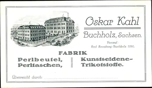 Litho Annaberg Buchholz Erzgebirge, Fabrik Oskar Kahl, Kunstseidene Trikotstoffe, Perltaschen