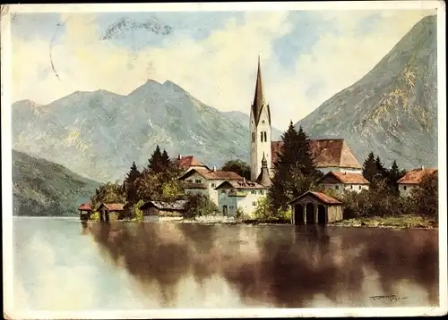 Künstler Ak Moser, Egern in Oberbayern, Tegernsee, Alpenpanorama, Kirche