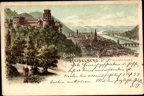 Litho Heidelberg am Neckar, Gesamtansicht, Burg
