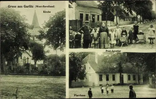 Ak Garlitz Märkisch Luch im Havelland, Postagentur, Pfarrhaus, Kirche