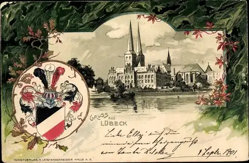 Wappen Litho Lübeck in Schleswig Holstein, Blick zur Stadt, Kirche