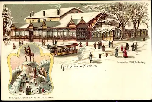 Litho Duisburg im Ruhrgebiet, Monning, Gastwirtschaft, Winter, Straßenbahn, Kaiserberg, Denkmal