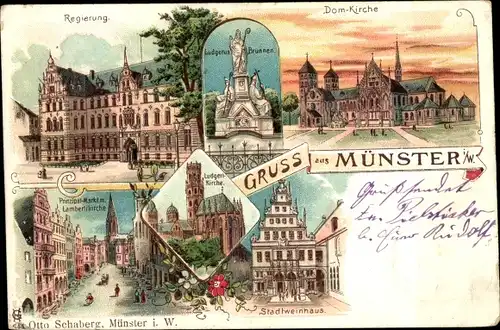 Litho Münster in Westfalen, Domkirche, Regierung, Ludgerusbrunnen, Stadtweinhaus, Lambertikirche