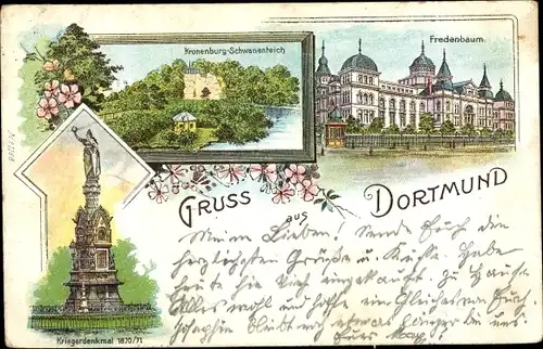 Litho Dortmund im Ruhrgebiet, Kriegerdenkmal, Kronenburg, Schwanenteich, Fredenbaum