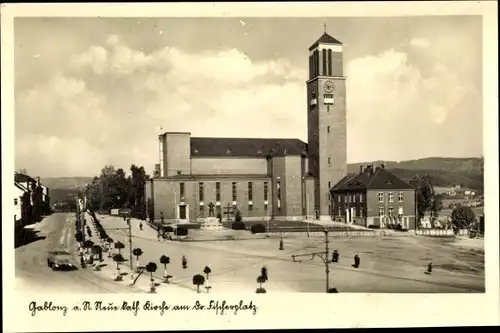 Ak Jablonec nad Nisou Gablonz an der Neiße Region Reichenberg, Kath. Kirche am Dr. Fischer Platz