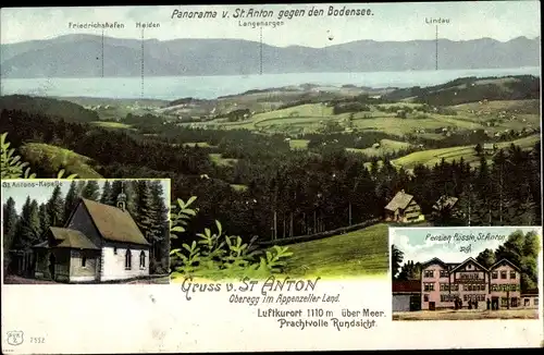 Ak St. Anton Oberegg Kt. Appenzell Innerrhoden, Blick gegen Bodensee, Pension Rössle, Kapelle
