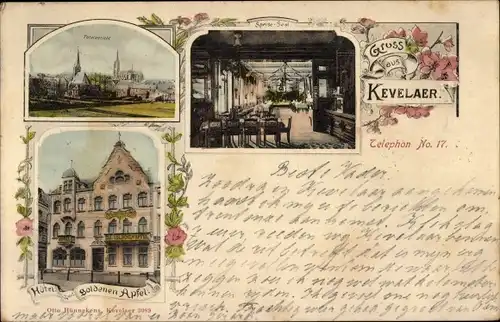 Ak Kevelaer am Niederrhein, Hotel zum goldenen Apfel, Speisesaal, Stadtpanorama