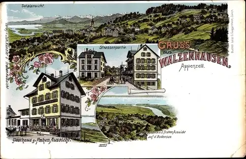 Litho Walzenhausen Kanton Appenzell Ausserrhoden Schweiz, Gasthaus zur frohen Aussicht, Bodensee