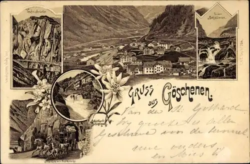 Litho Göschenen Kanton Uri, Schöllenen, Teufelsbrücke, Panorama, Postkutsche