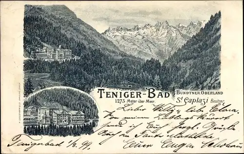 Litho Teniger Bad Tenigerbad Val Sumvitg Kanton Graubünden, Panorama, Kurhaus