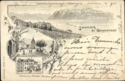 Litho Grandvaux Bourg en Lavaux Kt. Waadt, Hotel du Monde, La Place, Panorama