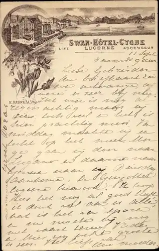 Litho Lucerne Luzern Stadt Schweiz, Swan Hotel, Hotel Cygne