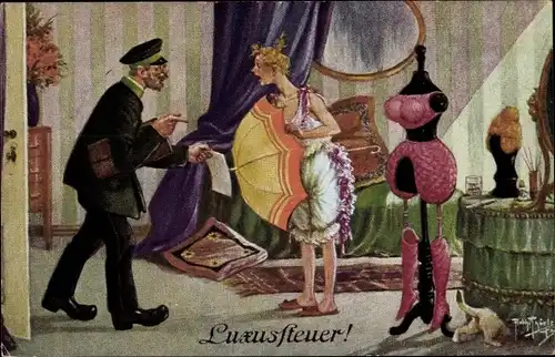 Künstler Ak Thiele, Arthur, Steuerquellen, Luxussteuer, Frau in Unterwäsche