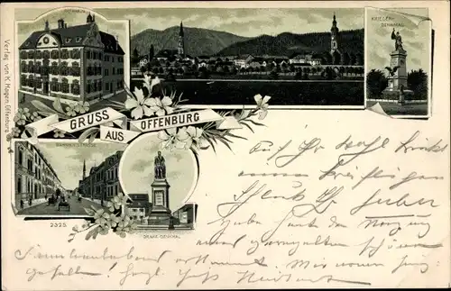 Litho Offenburg in Baden Schwarzwald, Kriegerdenkmal, Rathaus, Totalansicht