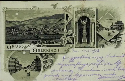 Mondschein Litho Oberkirch im Renchtal, Kriegerdenkmal, Straßenansicht, Panorama vom Ort