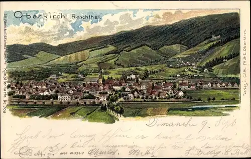 Litho Oberkirch im Renchtal Baden, Totalansicht der Ortschaft