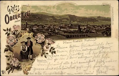 Litho Oberkirch im Renchtal Baden, Totalansicht der Ortschaft, Trachtenpaar