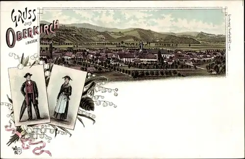 Litho Oberkirch im Renchtal Baden, Totalansicht der Ortschaft, Paar in Trachten