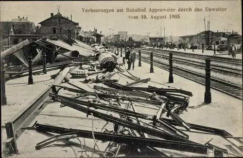 Ak Appenweier in Baden Schwarzwald, Verheerungen am Bahnhof durch Unwetter 1905