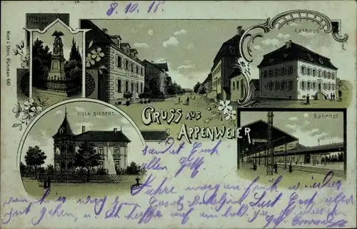 Mondschein Litho Appenweier in Baden Schwarzwald, Bahnhof, Rathaus, Villa Siebert, Kriegerdenkmal