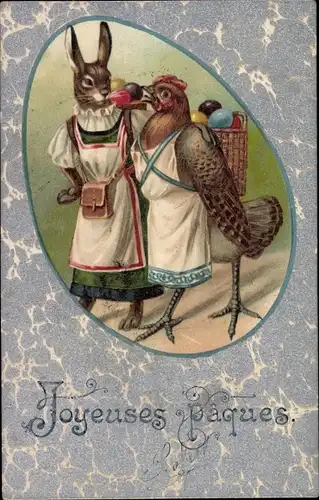 Ak Glückwunsch Ostern, Vermenschlichter Hase und Huhn, Ostereier