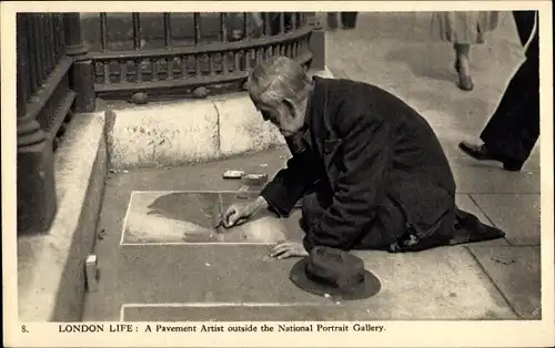 Ak London, Pavement artist outside the National Portrait Gallery, Straßenmaler
