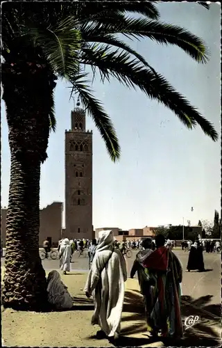 Ak Marrakesch Marokko, Platz, Minarett, Palme