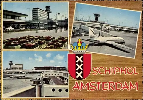 Ak Amsterdam Nordholland Niederlande, Flughafen Schiphol, Passagierflugzeug, Wappen