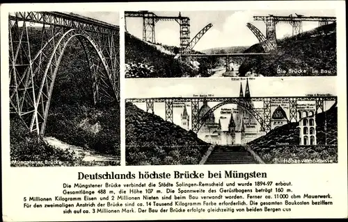 Ak Deutschlands höchste Brücke bei Müngsten, Größenvergleich kölner Dom, Bau