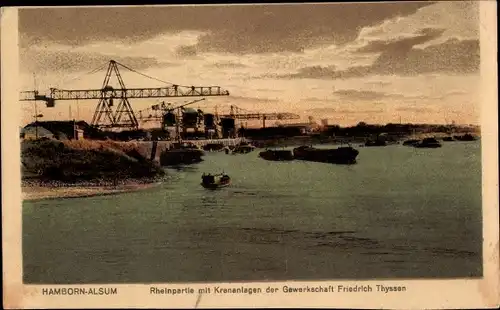 Ak Alsum Hamborn Duisburg, Rheinpartie mit Kränen der Gewerkschaft Friedrich Thyssen