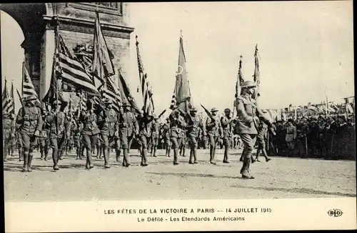 Ak Paris, Les Fetes de la Victoire 14 Juillet 1919, Défilé, Les Etendards Américains
