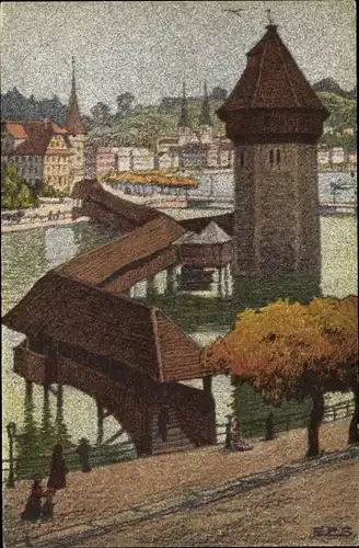 Künstler Ak Schlatter, E.E., Luzern Stadt Schweiz, Kapellbrücke gegen Schweizerhofquai