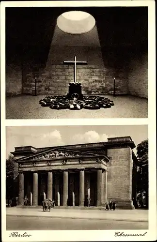 Ak Berlin Mitte, Ehrenmal, Unter den Linden, aussen und innen, Kreuz, Ehrenkränze