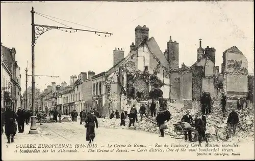 Ak Reims Marne, Le Crime de Reims, Rue du Faubourg Ceres, Maisons incendiees