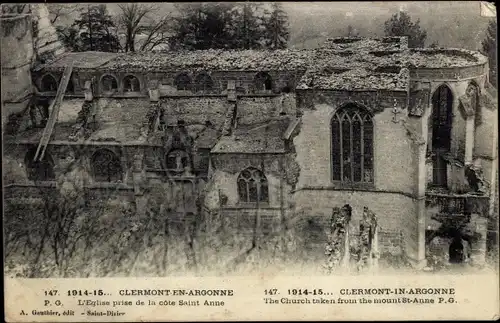 Ak Clermont en Argonne Lothringen Meuse, Eglise prise de la cote Saint Anne, 1914-15, Ruine