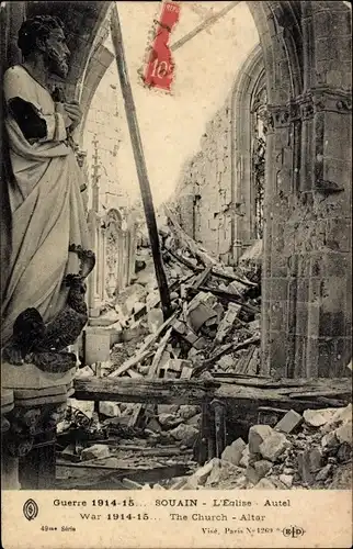 Ak Souain Marne, l'Eglise, Autel, Guerre 1914-1915