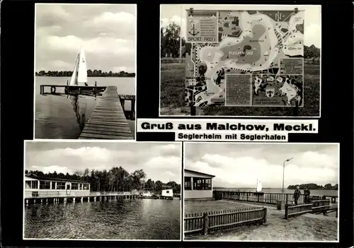 Ak Malchow in Mecklenburg, Seglerheim mit Seglerhafen, Bootssteg, Landkarte